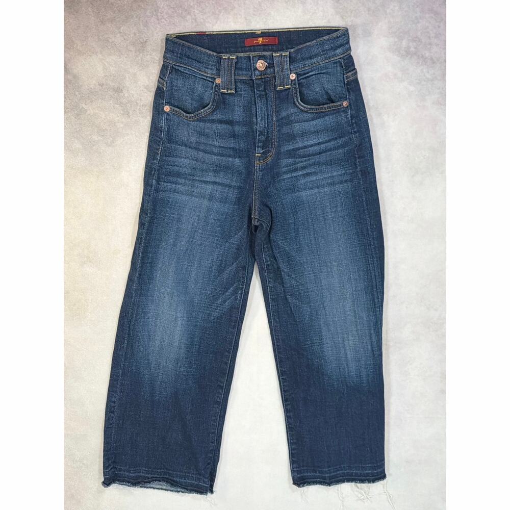 7 For All Mankind High Rise Straight Crop Jeans Size 23 Raw Hem Indigo Blue
